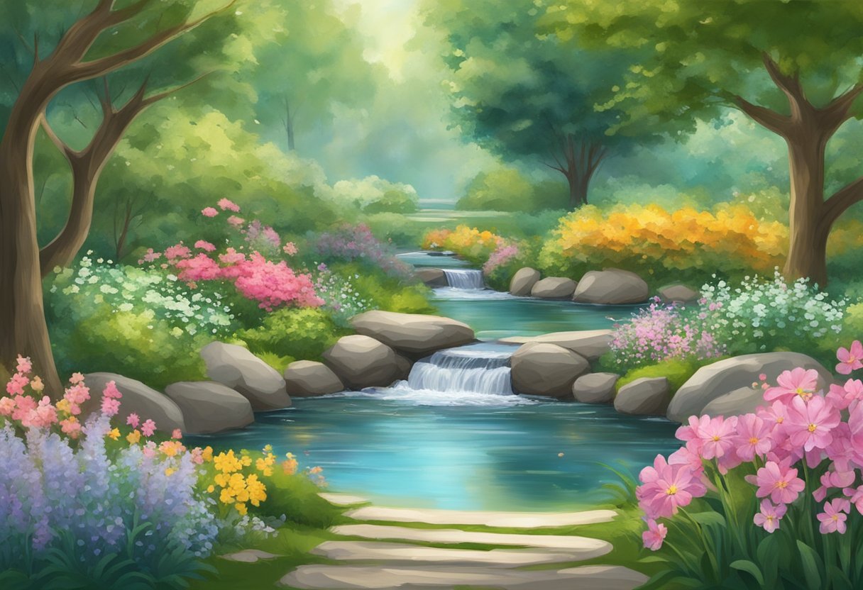 A serene garden with a flowing stream, surrounded by blooming flowers and lush greenery, with a gentle breeze carrying the sound of peaceful prayers for financial freedom and debt relief