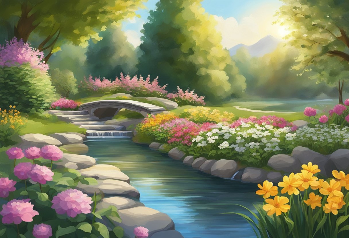 A serene, sunlit garden with a flowing stream, blooming flowers, and a peaceful atmosphere, symbolizing hope and freedom from financial burdens