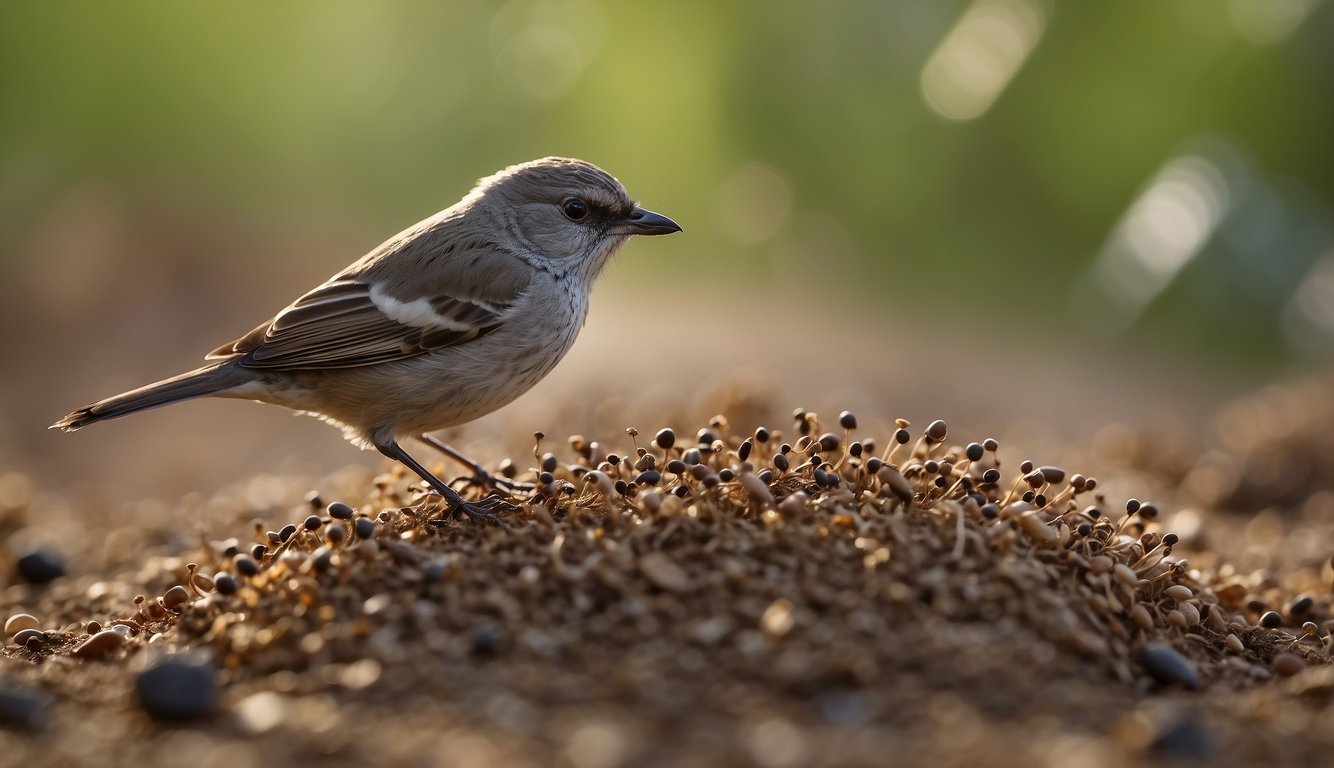 Bird perched on ground, surrounded by ants.

Bird appears to be rubbing its feathers in the ants, possibly using them for cleaning or to remove parasites