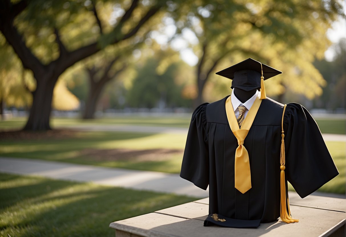 A graduation gown, cap, dress shoes, and a diploma. Optional accessories like a tie, scarf, or clutch. Outdoor setting with trees and a stage