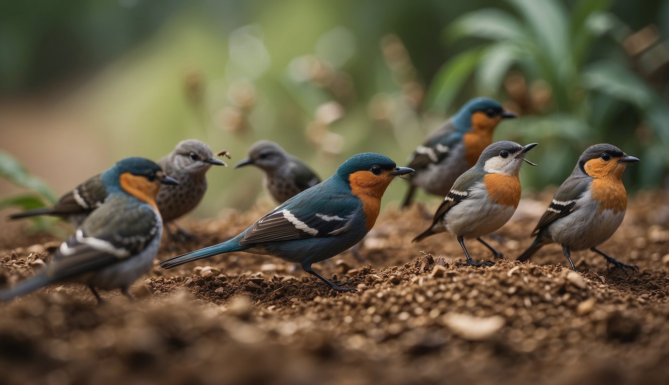 Birds perched on the ground, surrounded by ants.

Some birds are picking up ants with their beaks while others are rubbing their feathers in the ant-filled soil