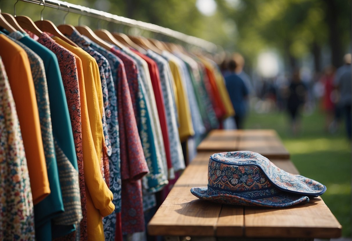 A person is choosing a colorful and patterned outfit for an outdoor graduation, with options laid out on a table or hanging on a rack