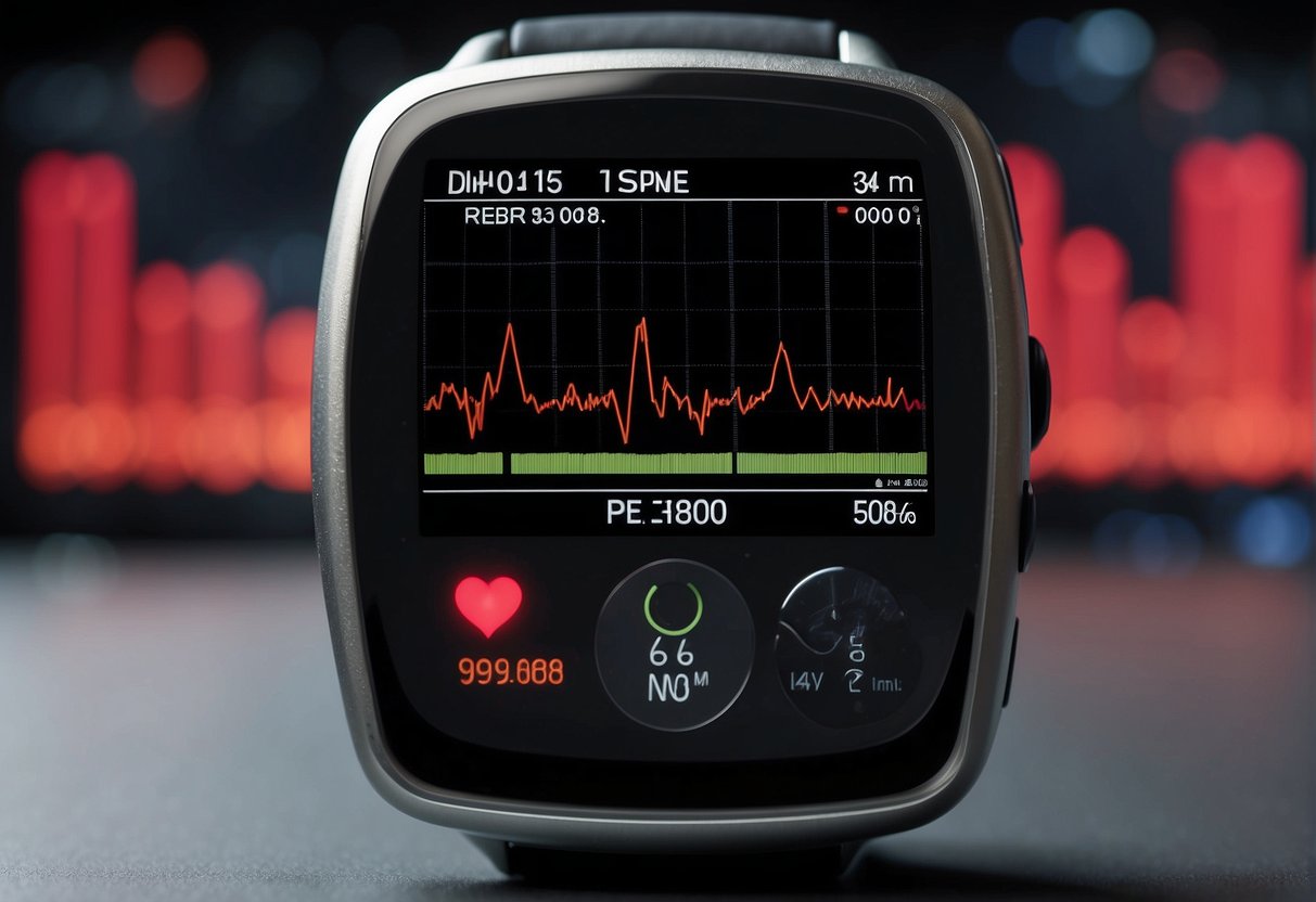 A heart rate monitor displaying a high, erratic pulse. The numbers on the screen are flashing red and the graph is spiking upwards