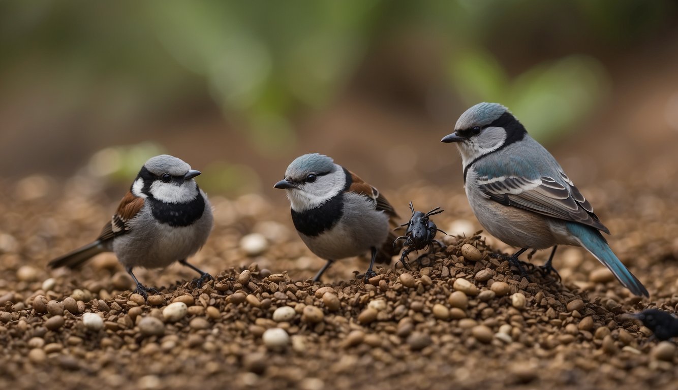Birds perched on the ground, surrounded by ants.

Some birds are picking up ants with their beaks, while others are rubbing their feathers in the ant piles