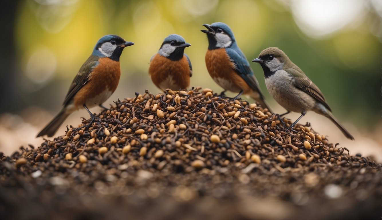Birds gather around a pile of ants, fluttering and pecking at them.

Some birds spread their wings and lower their bodies into the ants, seemingly enjoying the sensation