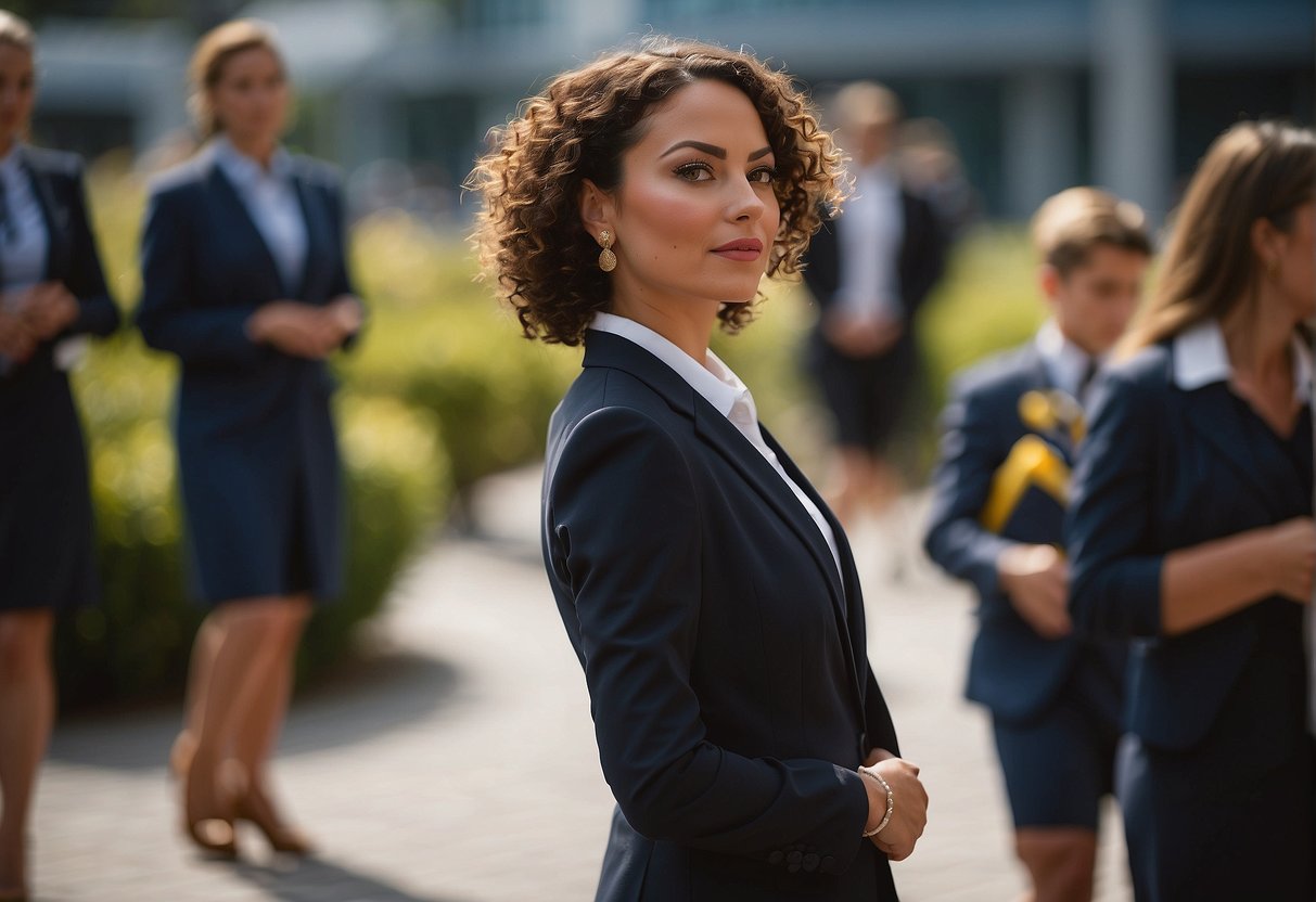 A person wearing a formal outfit, such as a dress or suit, with appropriate accessories for an outdoor graduation ceremony