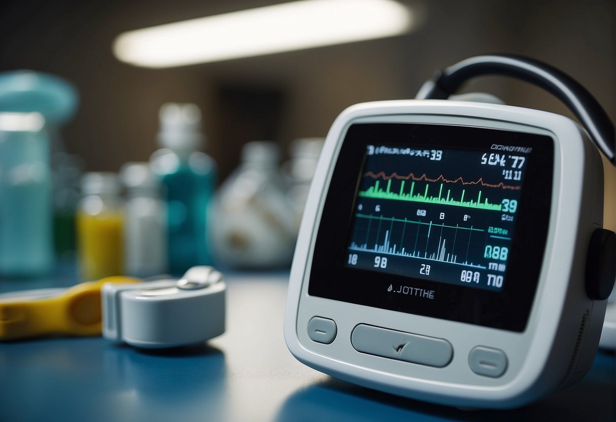 A heart rate monitor beeping urgently as medical equipment and medications are prepared for treatment