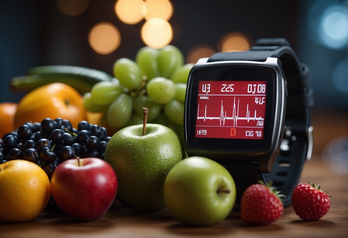 A heart rate monitor displaying a normal and dangerously high heart rate. Surrounding it are healthy lifestyle symbols like fruits, vegetables, and exercise equipment