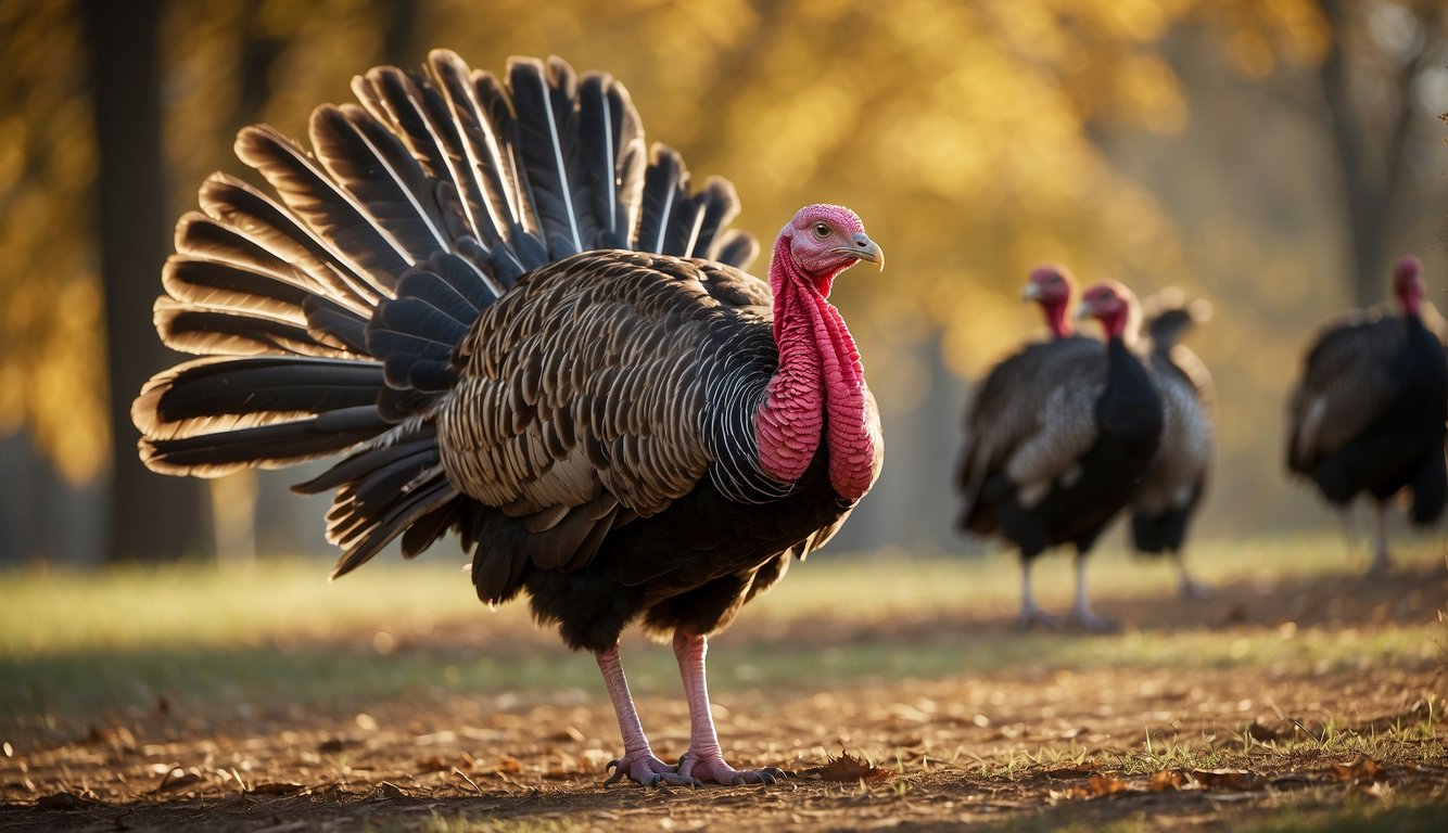 A dominant male turkey struts with raised feathers, while subordinate males and females gather around, displaying submissive postures