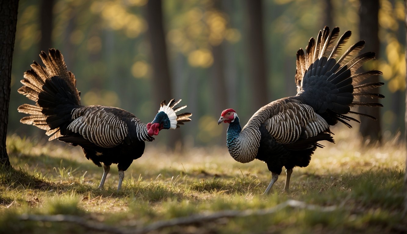 Wild turkeys gather in a forest clearing, displaying dominance through puffing feathers and vocalizing.

Subordinate birds avoid eye contact and keep their distance