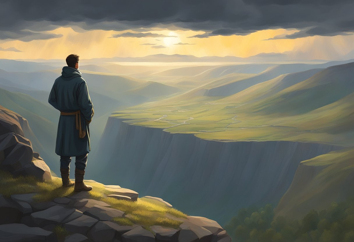 A figure stands at the edge of a cliff, gazing out at a vast, rugged landscape. The sky is filled with dark clouds, but a beam of light breaks through, illuminating the figure and the surrounding terrain