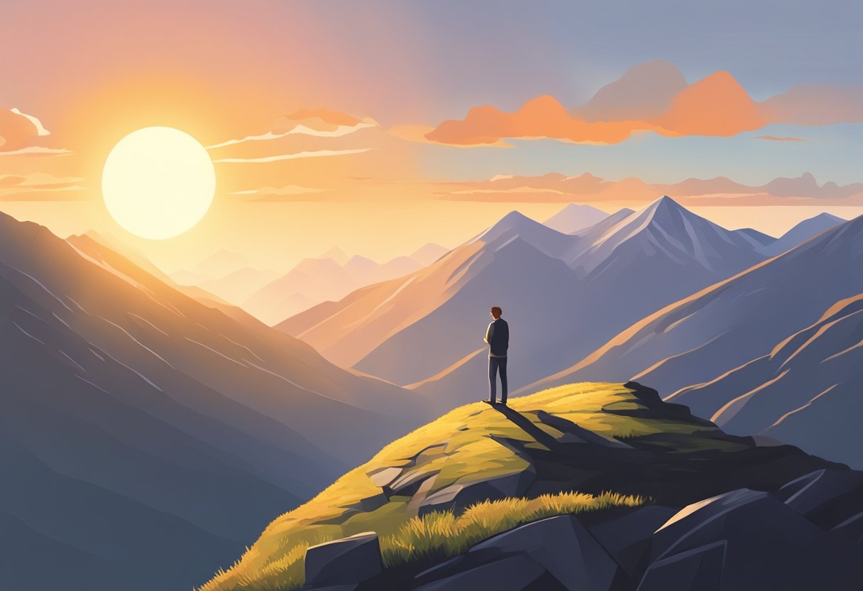 A person standing on a mountain peak, facing a steep path. The sun is rising, casting a warm glow. A hand is raised in prayer, with determination in their stance