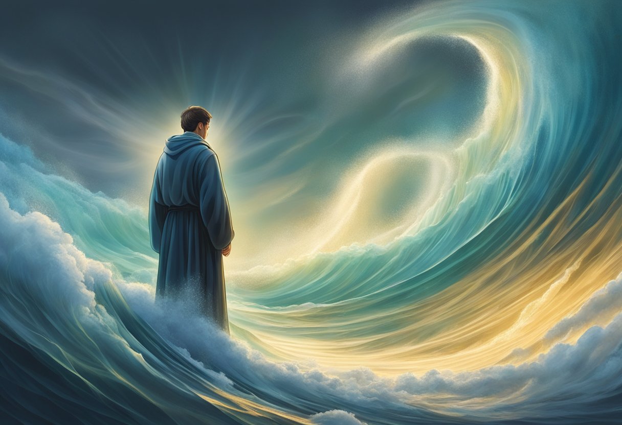 A figure stands in a beam of light, surrounded by swirling winds and turbulent waves, but remains steadfast and resolute in prayer