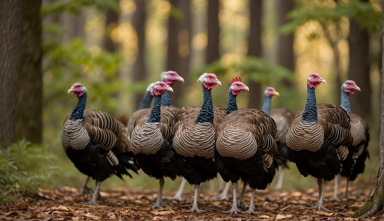 Wild turkeys interact in a forest clearing, displaying complex social hierarchies.

A dominant male struts and displays, while others forage and maintain a respectful distance