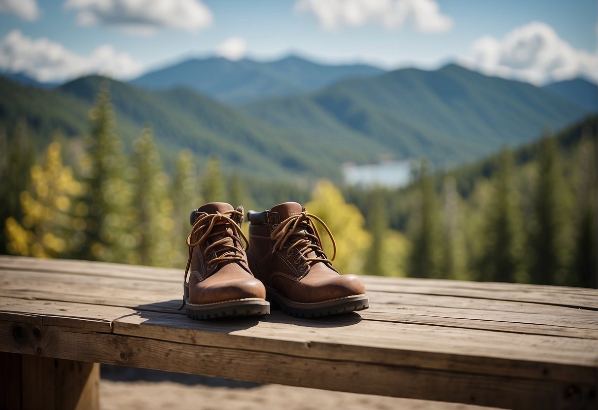 Hiking boots, sandals, and dress shoes arranged on a rustic wooden bench in front of a scenic outdoor college graduation venue