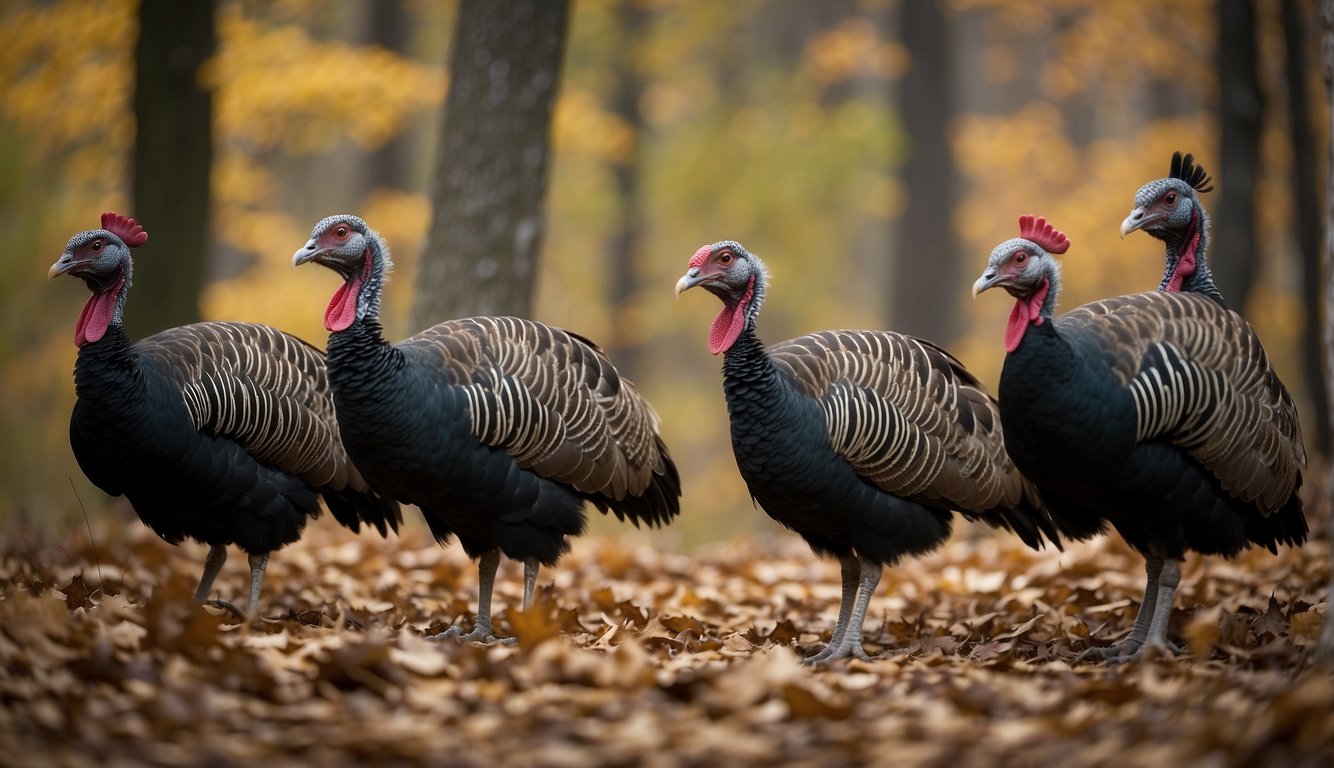 Wild turkeys gather in a forest clearing, displaying complex social hierarchies through dominant behaviors and subtle interactions.

Subordinate birds avoid direct eye contact and move cautiously around the dominant individuals