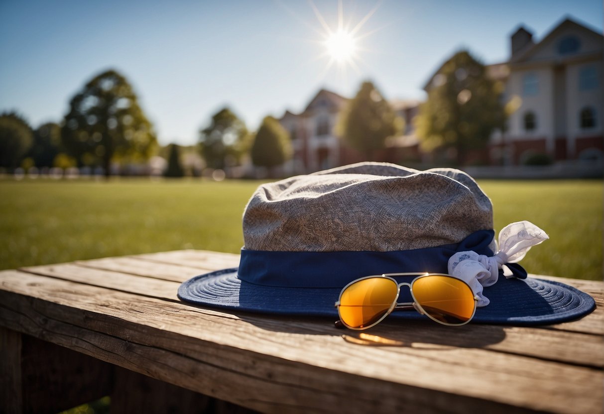 A person lays out a cap and gown with a pair of comfortable shoes, sunglasses, and a sun hat for an outdoor college graduation