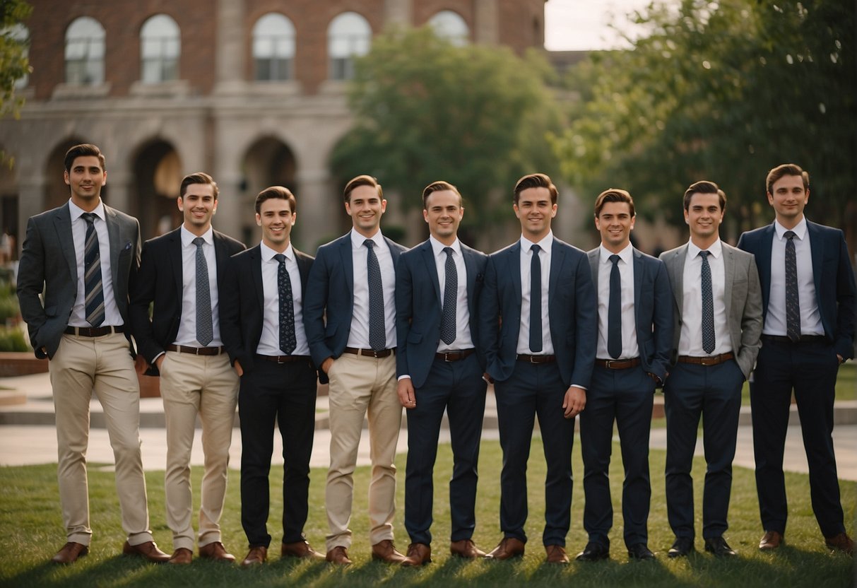 A group of men in formal attire, wearing dress shirts, slacks, and blazers, with some opting for ties and others going for a more casual look, standing outdoors at a college graduation ceremony