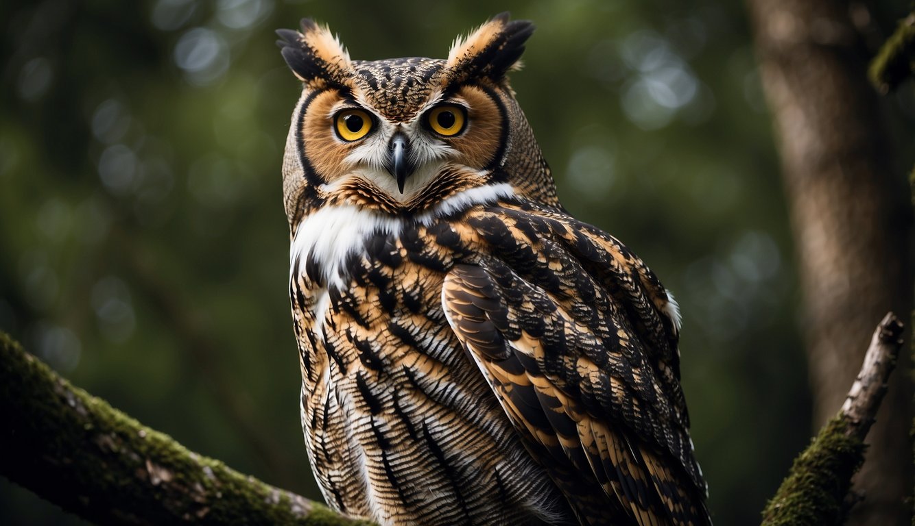 A great horned owl perches on a branch, its piercing yellow eyes scanning the dark forest.

Its sharp talons grip the branch as it prepares to take flight