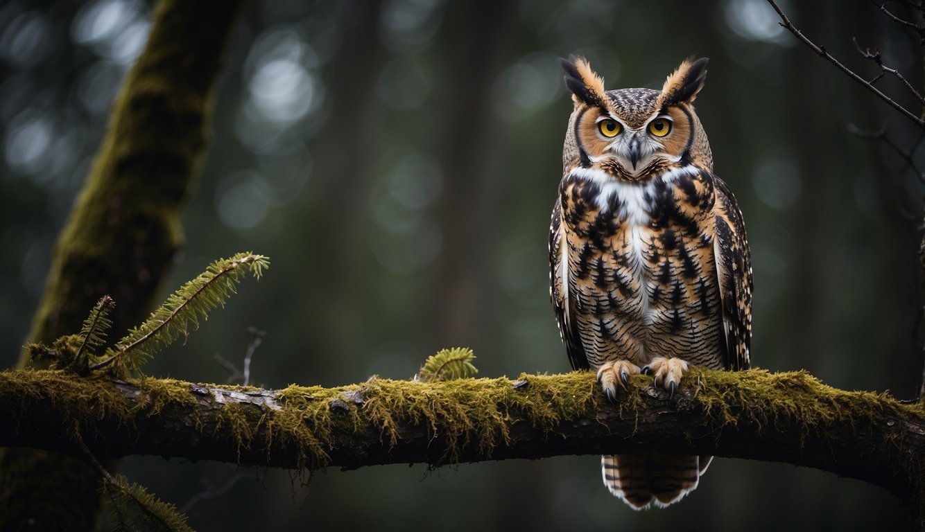 The great horned owl perches on a tree branch, its piercing yellow eyes scanning the dark forest below.

Its sharp talons grip the branch as it prepares to take flight in search of prey