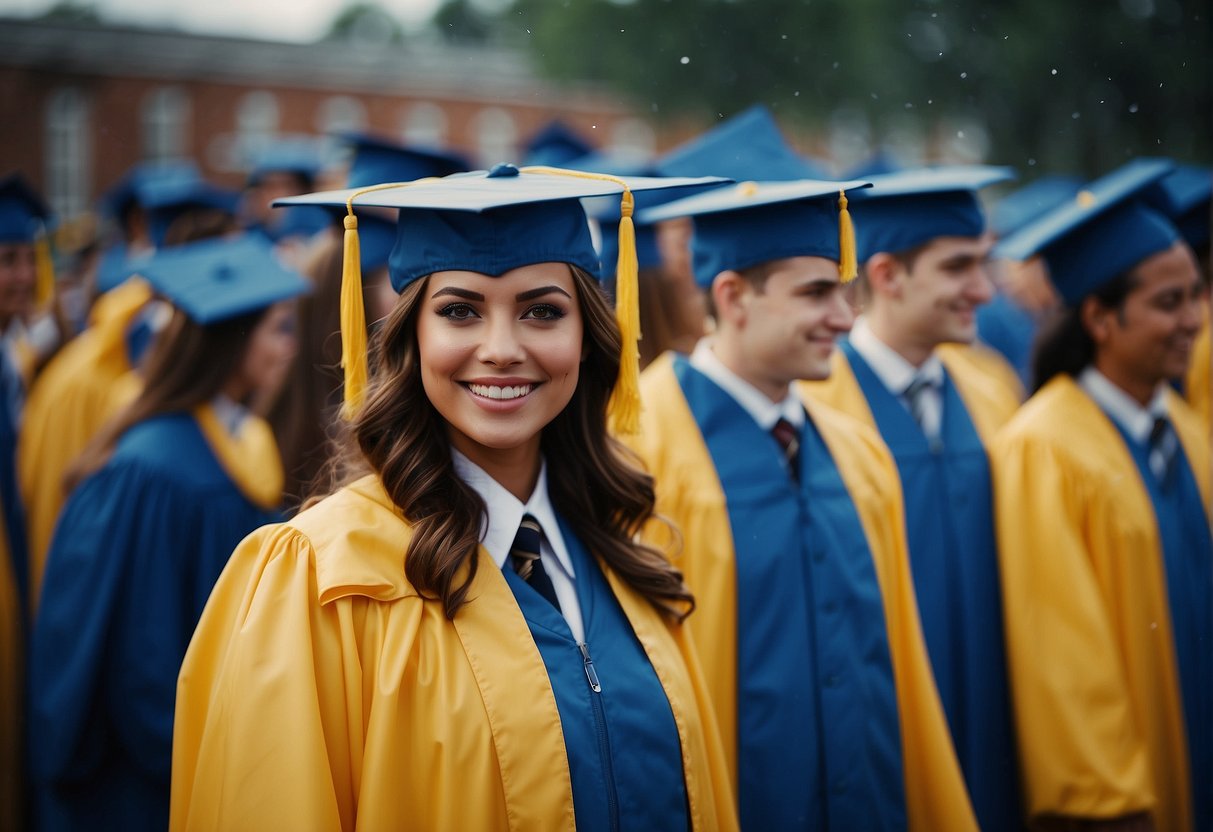 People wearing raincoats, boots, and carrying umbrellas at an outdoor college graduation