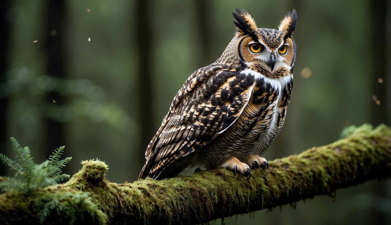 The Great Horned Owl perches on a moss-covered branch, its piercing yellow eyes scanning the dark forest below.

Its powerful talons grip the wood as it waits to swoop down on unsuspecting prey