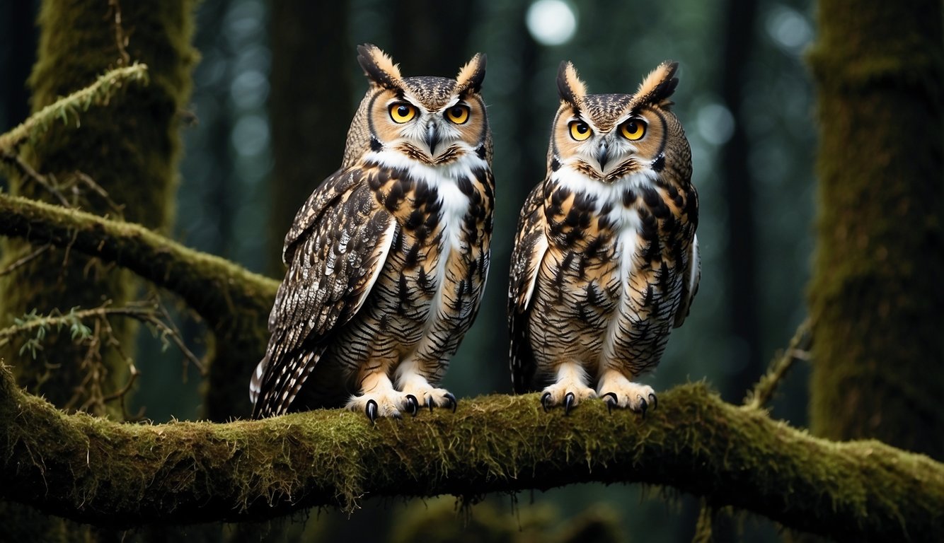 A great horned owl perches on a moss-covered branch, its piercing yellow eyes scanning the moonlit forest.

Its powerful talons grip the branch as it prepares to take flight