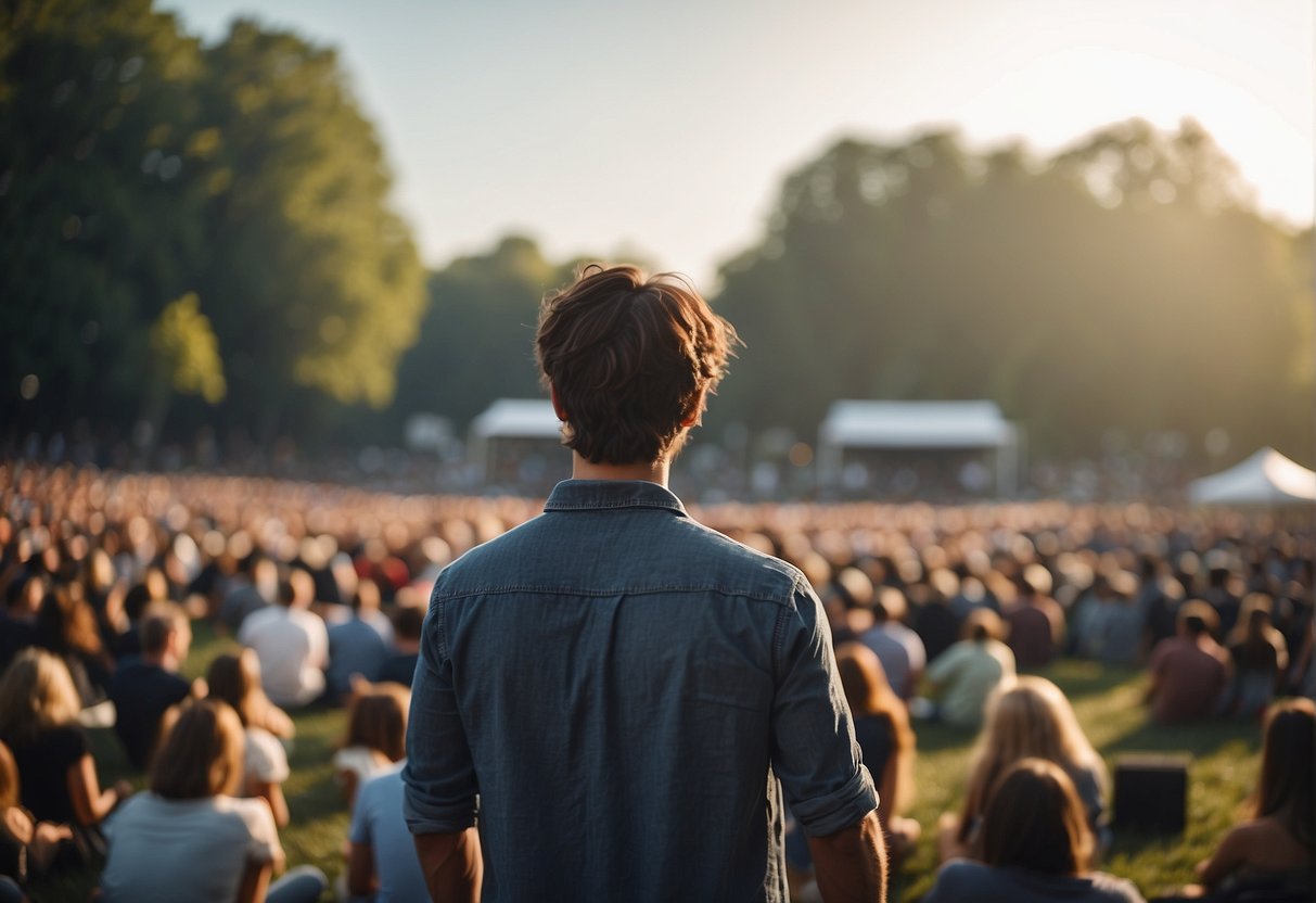 Crowd at outdoor concert, wearing casual attire, standing on grassy field with stage in background