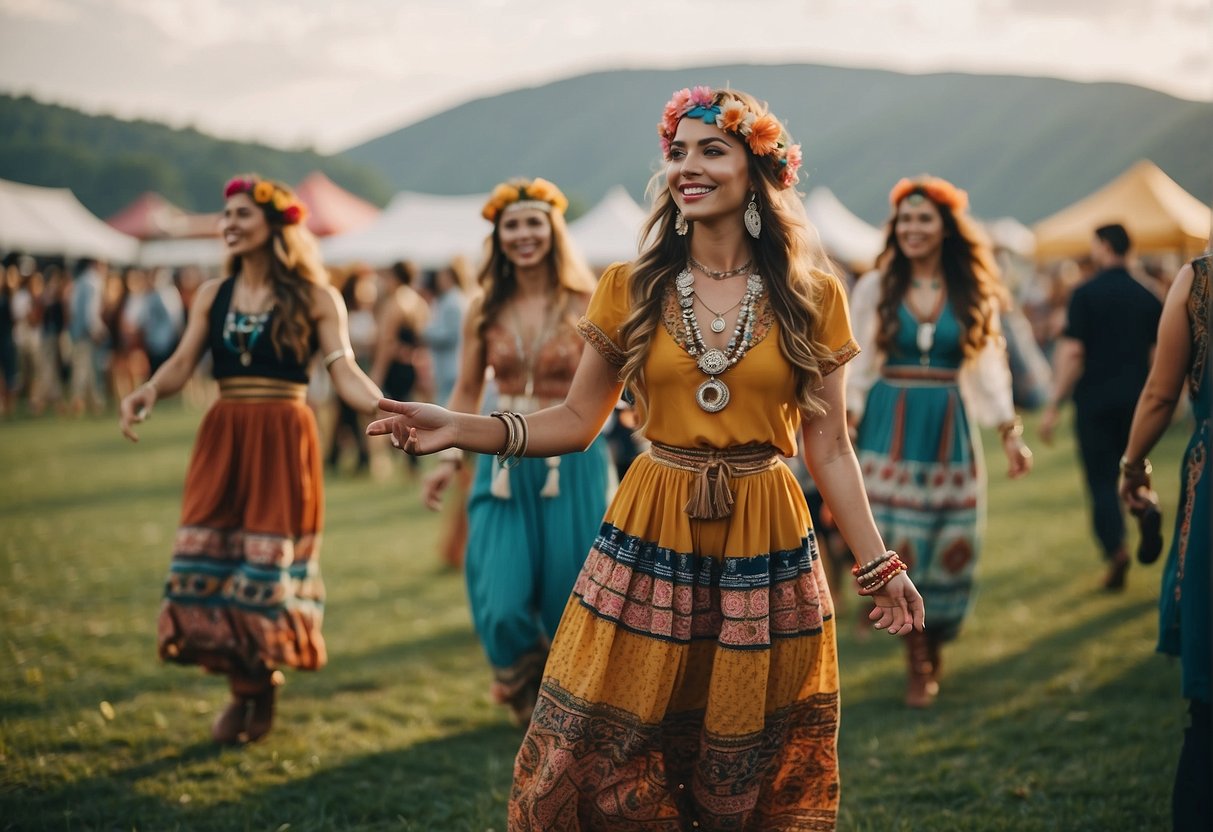 Colorful festival attire on a grassy field with a stage in the background. People dancing, wearing bohemian outfits and accessories