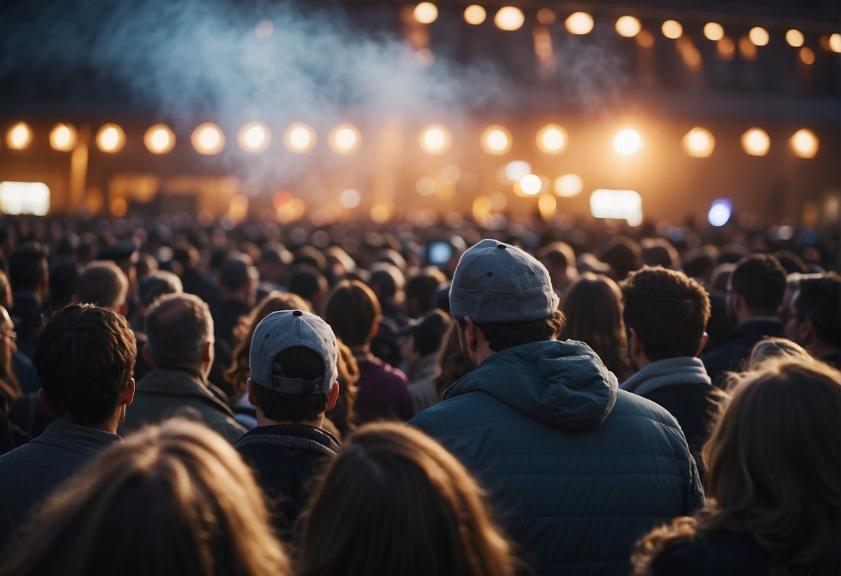 Crowded outdoor concert, people in casual attire, layering with light jackets, scarves, and hats. Bright stage lights illuminate the scene