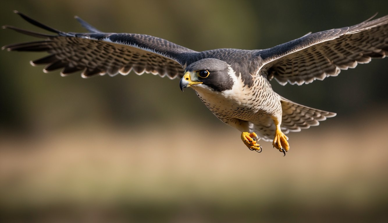 A peregrine falcon swoops down, wings outstretched, eyes focused, diving at incredible speed, showcasing its aerodynamic prowess