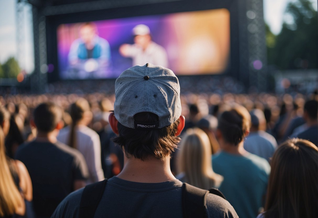 Crowd at outdoor concert, wearing comfortable and weather-appropriate clothing. Security personnel present