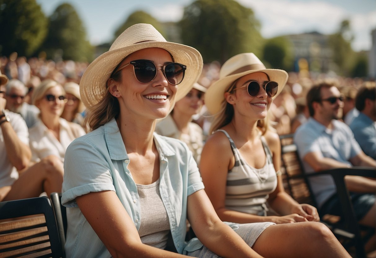 People wearing light clothing at an outdoor concert in warm weather. Sandals, hats, and sunglasses are common