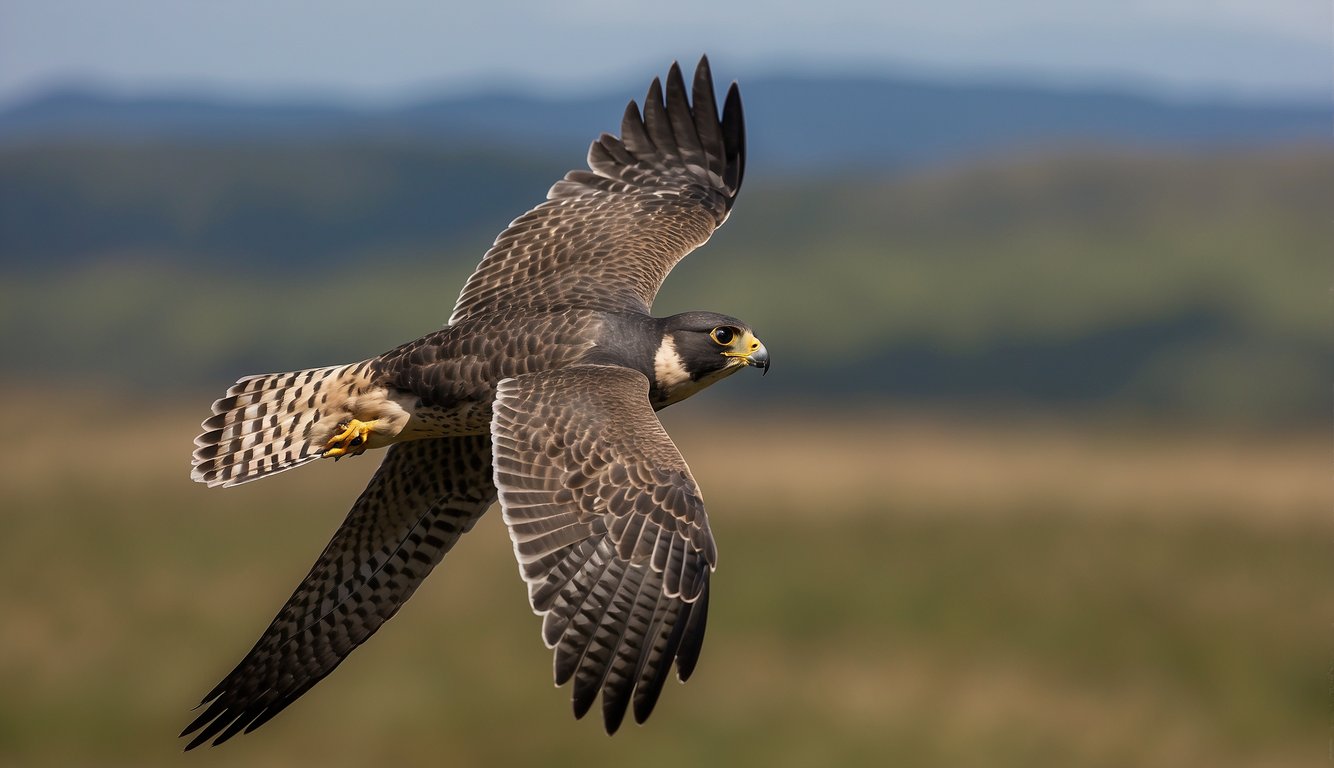 A peregrine falcon dives from the sky, wings tucked in, sleek and streamlined.

The wind rushes past, showcasing its incredible speed and aerodynamic prowess