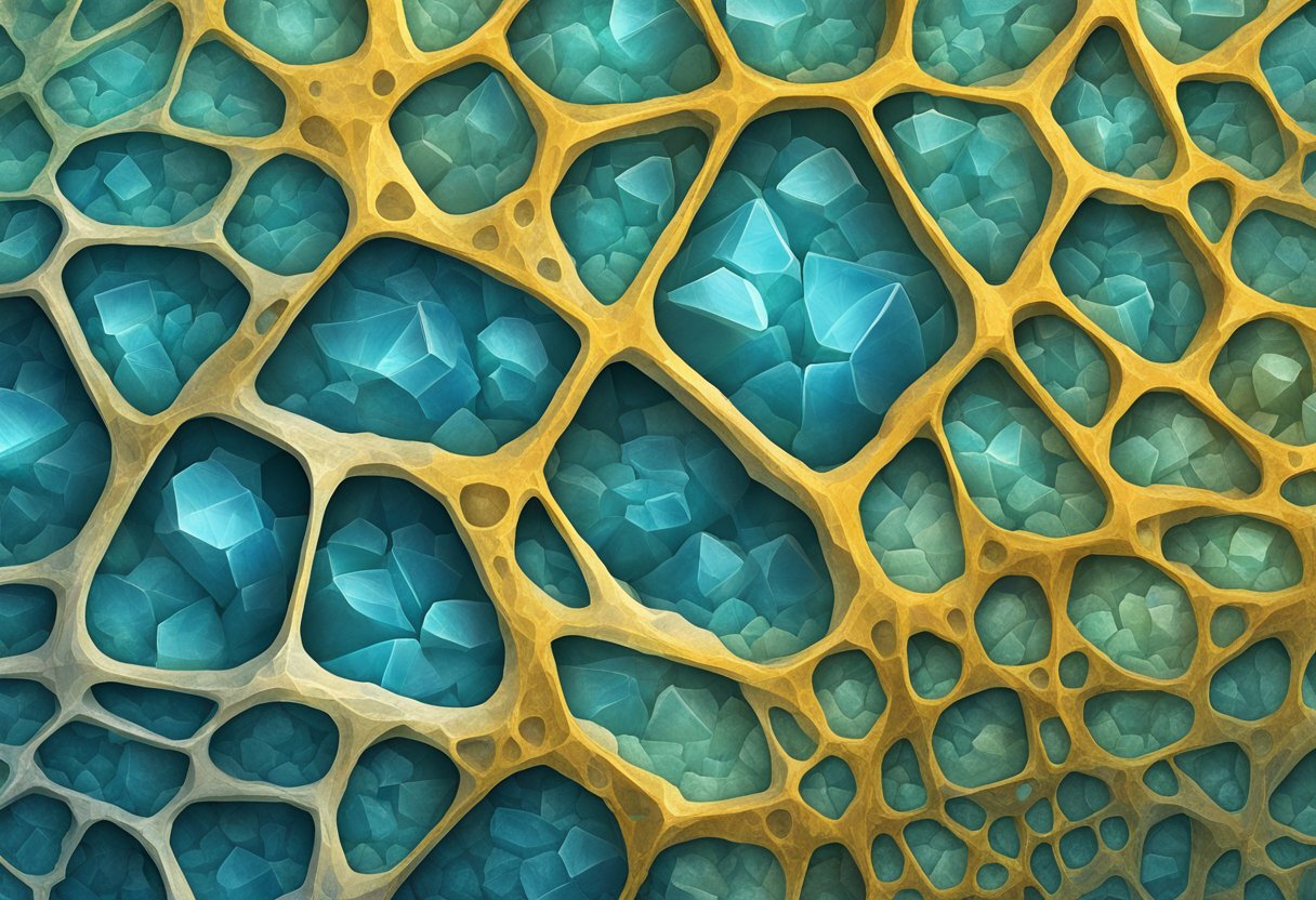 Hydroxyapatite crystals form in a bone matrix, providing strength and structure to skeletal tissues