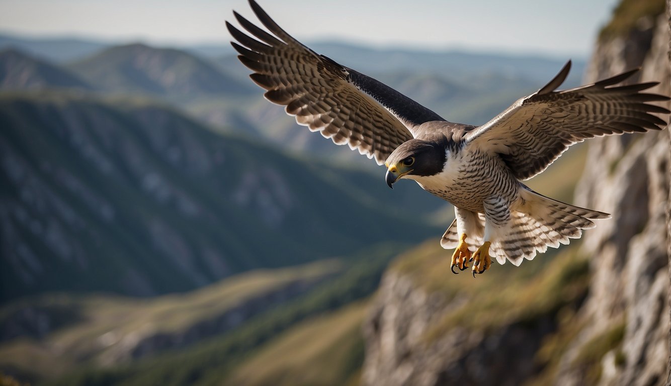 Peregrine falcon soars above rocky cliffs, wings outstretched in mid-flight, with intense focus and speed
