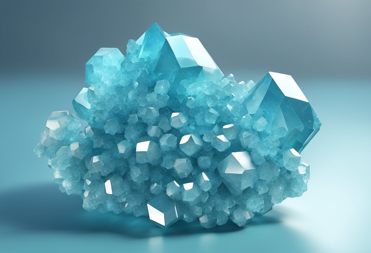 A cluster of hydroxyapatite crystals forms on a clean surface, reflecting light and displaying a distinctive hexagonal shape