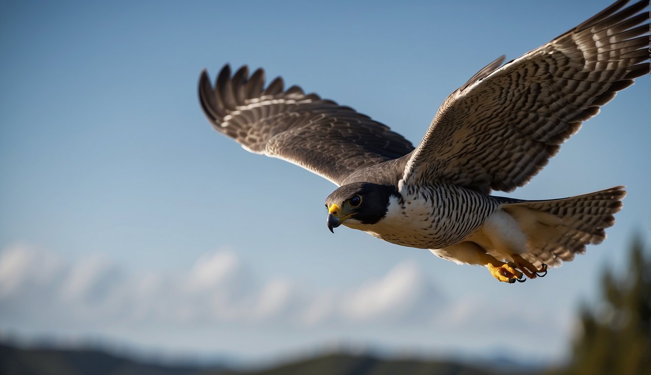 The peregrine falcon soars through the sky, its sleek body cutting through the air with incredible speed.

Its wings are outstretched, and its sharp eyes are fixed on its target below