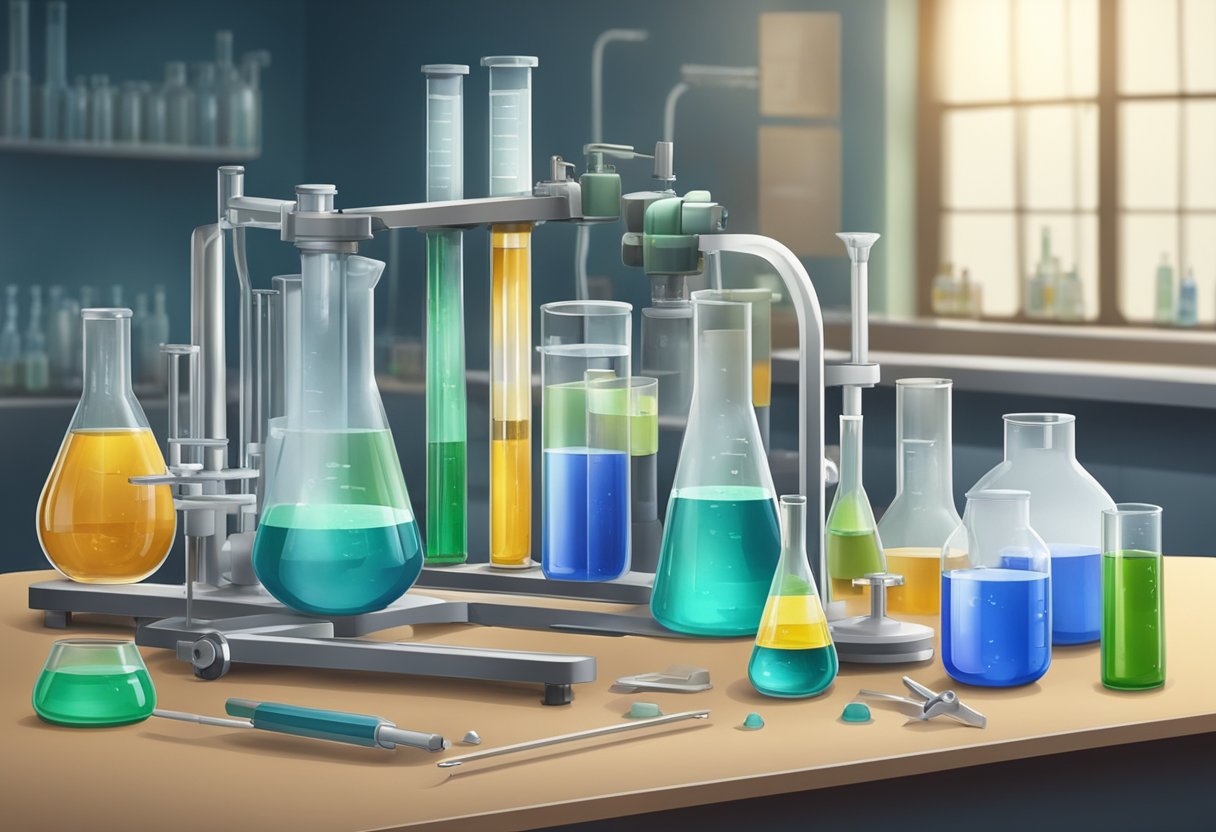 A laboratory setting with equipment and materials for synthesizing hydroxyapatite. Glassware, chemicals, and scientific instruments are arranged on workbenches