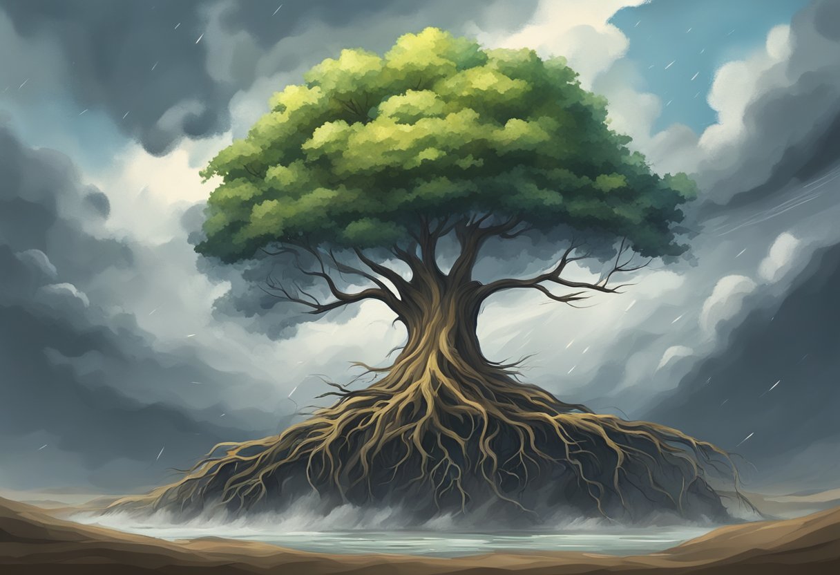 A solitary tree stands tall amidst a storm, its roots firmly grounded as it withstands the fierce winds and rain, symbolizing strength during trials