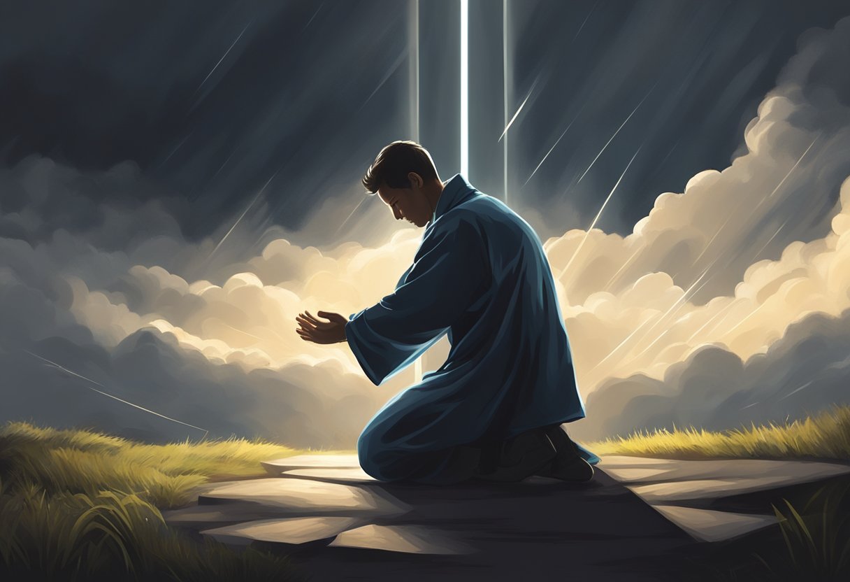 A person kneeling in prayer, surrounded by dark clouds and storms, but with a ray of light breaking through, symbolizing strength during trials