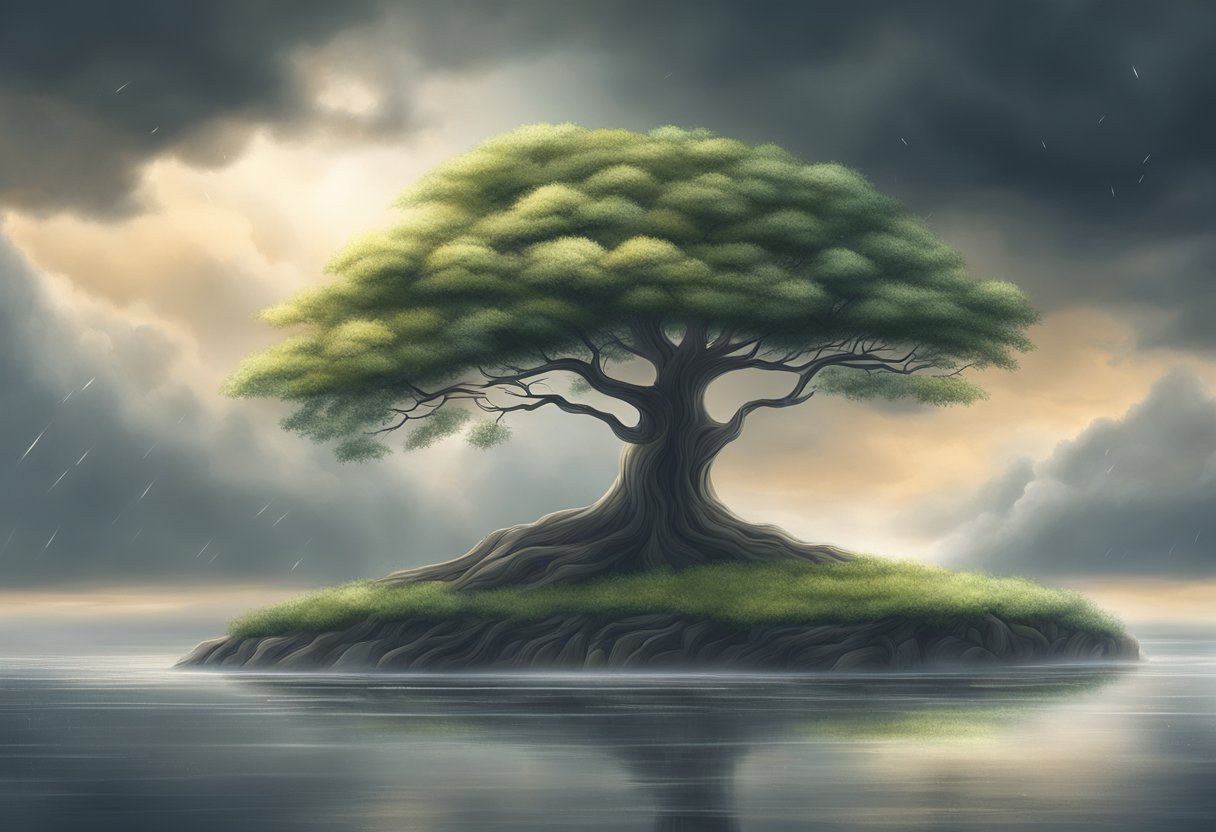 A serene landscape with a solitary tree standing tall amidst a storm, symbolizing inner strength and resilience during trials