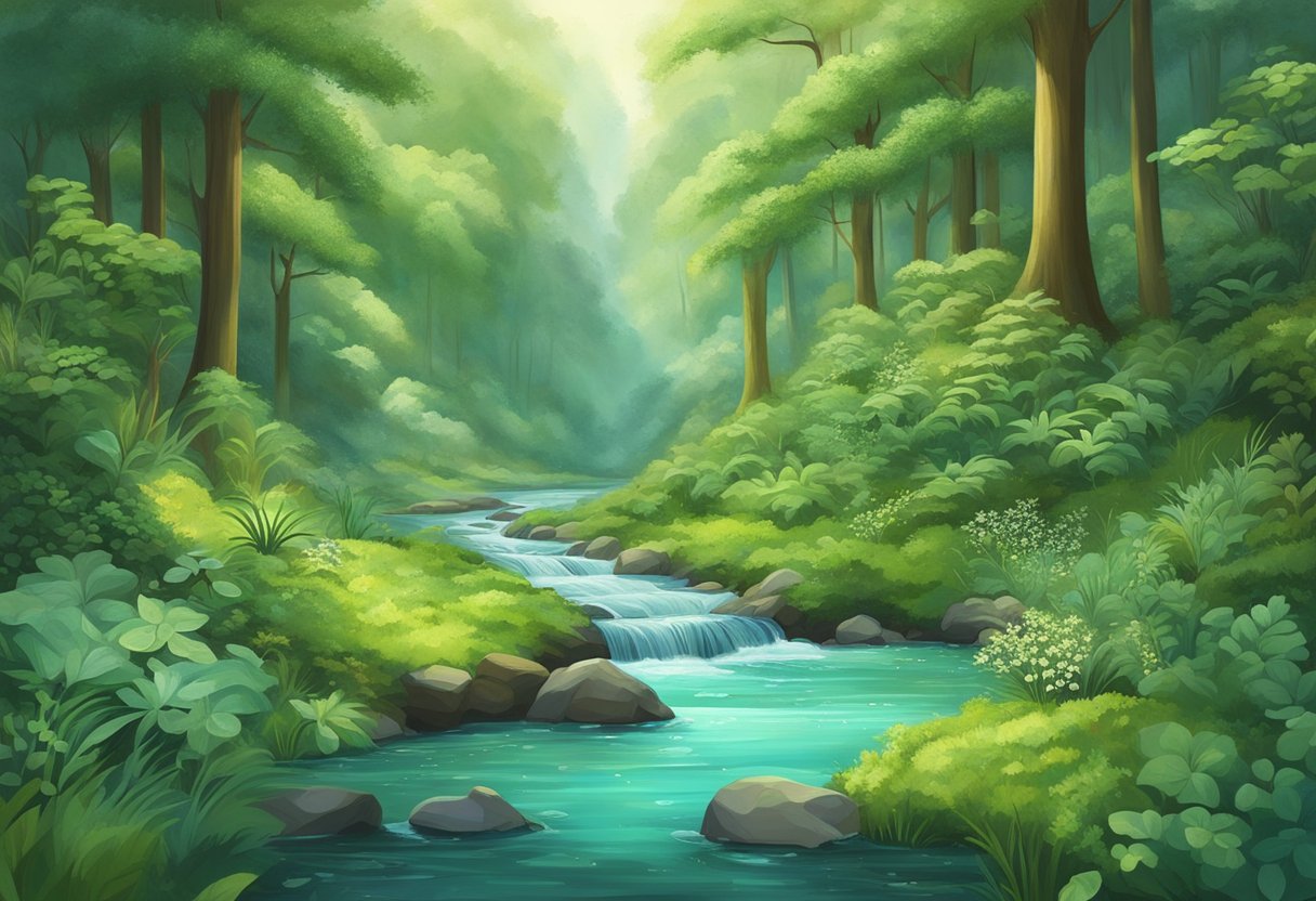 A lush green forest with a clear stream running through it, surrounded by diverse flora and fauna. The stream is filled with hydroxyapatite crystals, reflecting the importance of this mineral in the natural environment