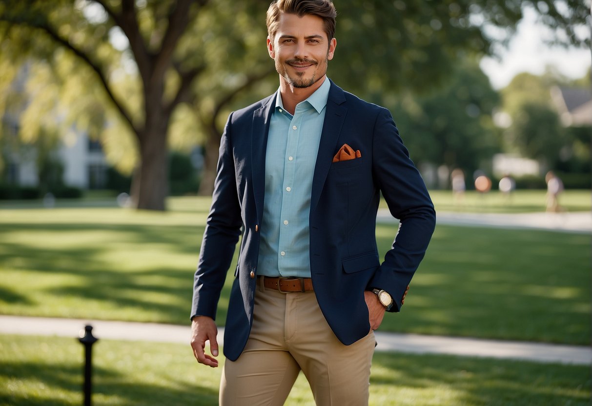 A male wearing a navy blue blazer, light blue dress shirt, khaki pants, and brown loafers, with a matching light blue tie and pocket square, standing in front of a green outdoor graduation setting