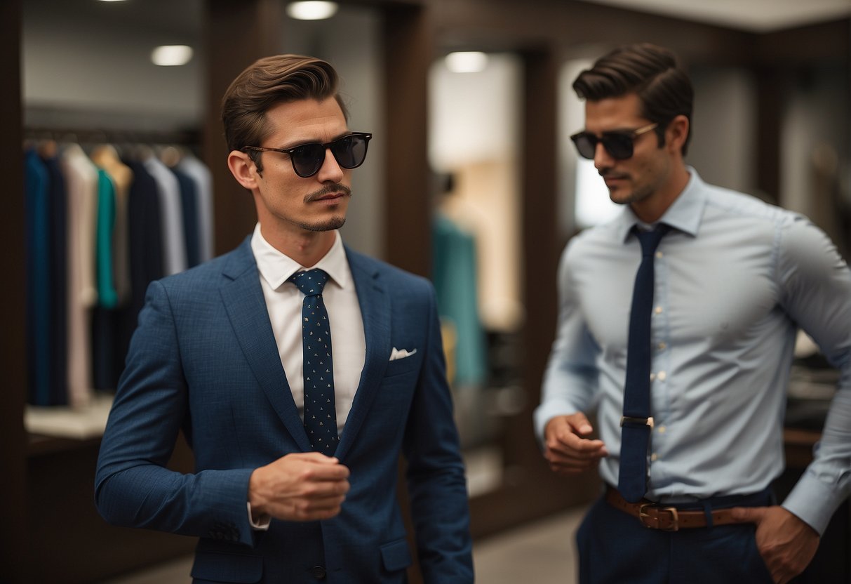 A male figure stands in front of a mirror, choosing between a tie or bowtie, and holding a pair of sunglasses. Clothing options include a blazer, dress shirt, and slacks. A graduation cap sits on a nearby table