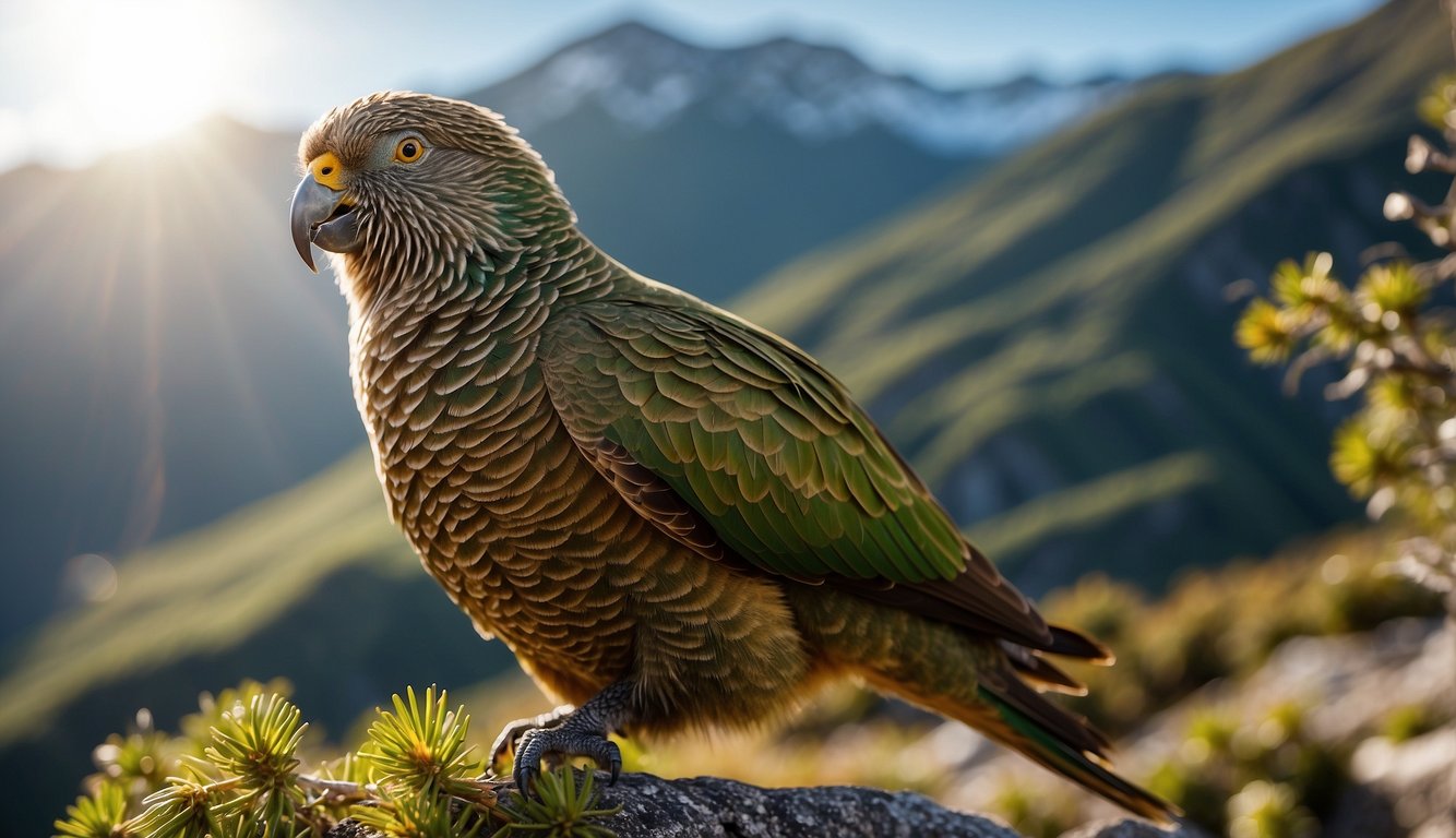 The Kea perches on a branch, surrounded by alpine vegetation.

It holds a piece of fruit in its beak, its bright feathers catching the sunlight