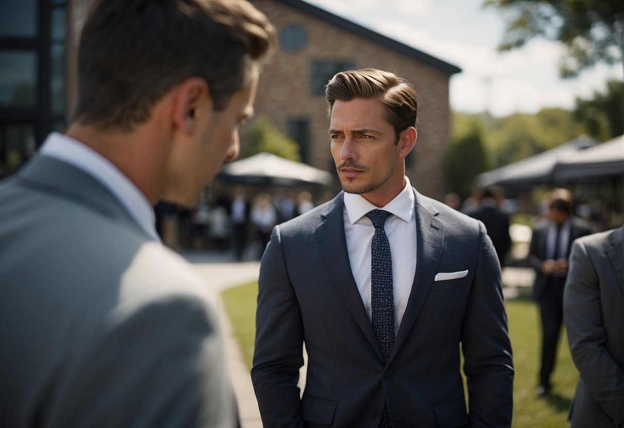 A man stands in front of a mirror, choosing between a crisp button-up shirt and a tailored suit jacket for an outdoor graduation ceremony. He carefully selects a tie and polishes his dress shoes