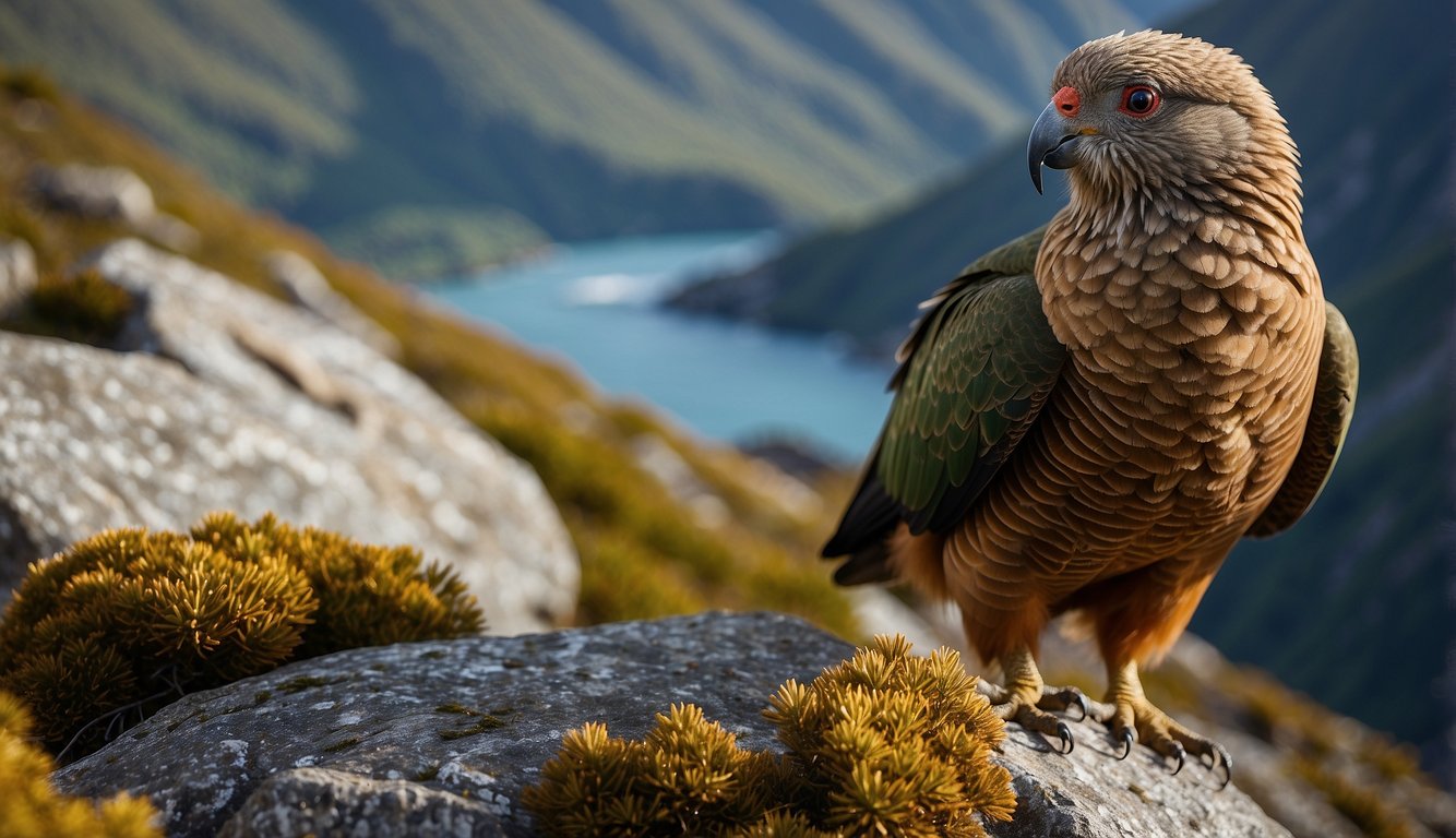 The Kea perches on a rocky outcrop, surrounded by alpine vegetation.

It holds a piece of vegetation in its beak, while its bright orange eyes scan the landscape for potential food sources