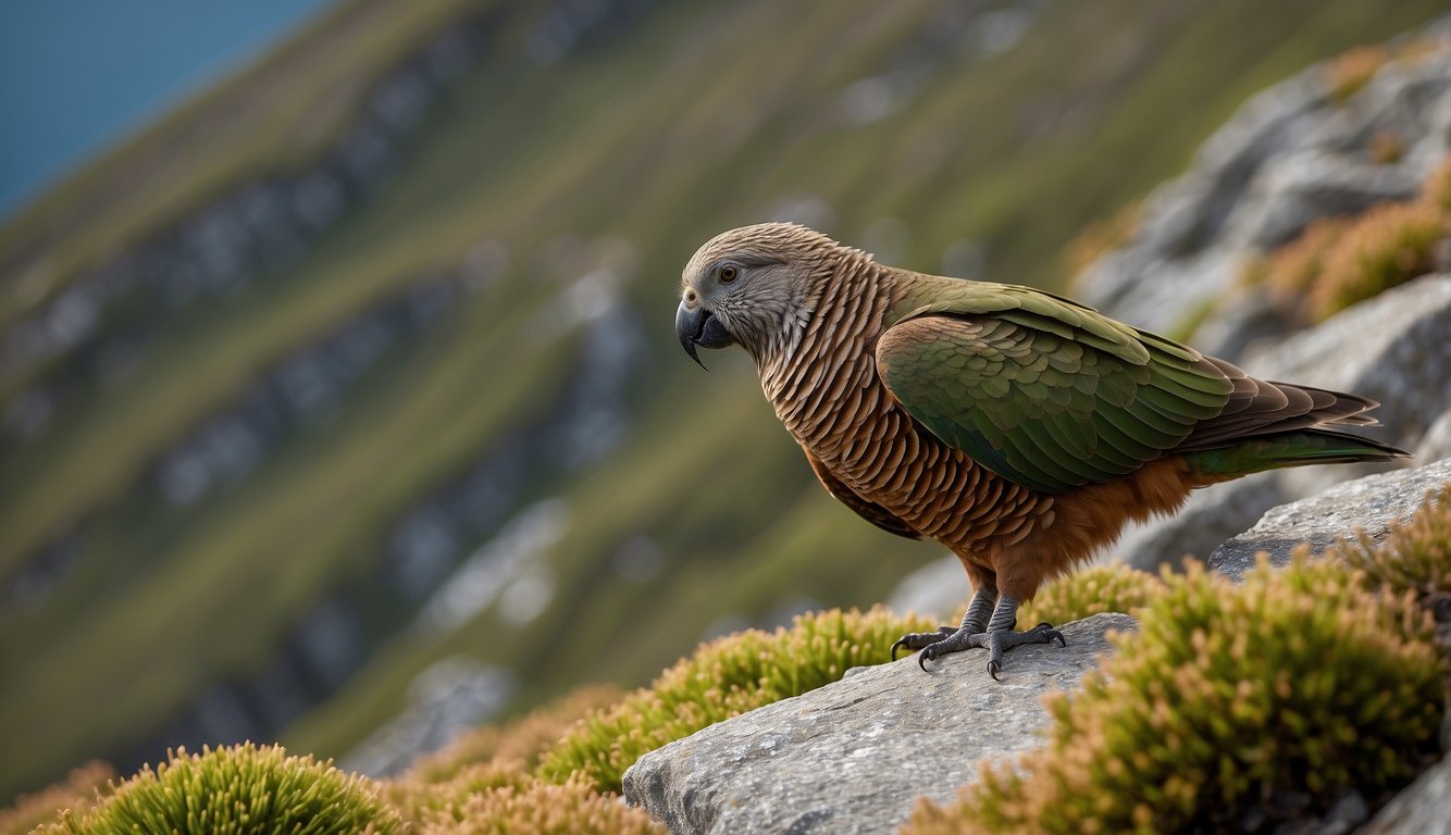 The Kea perches on a rocky outcrop, nibbling on alpine vegetation.

It uses its curved beak to extract seeds and insects from the tough terrain