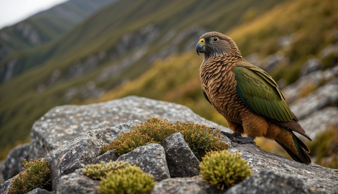 The Kea perches on a rocky ledge, surrounded by alpine vegetation.

It holds a piece of fruit in its beak, while a predator lurks in the distance